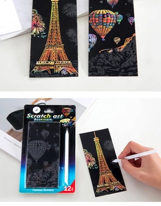 Detail of 12-piece world scenery scratch art bookmark set with plastic stylus pen