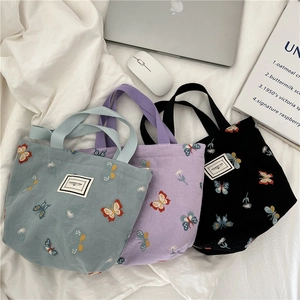 Borsa A Mano In Tela Con Ricamo A Farfalla Cotone Lino Tote Portatile Borsa Da Pranzo Floreale Casual Per Donne