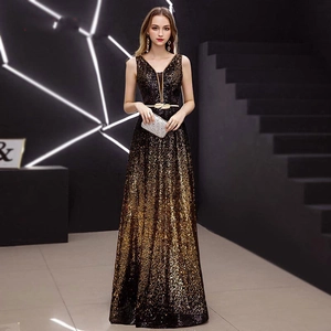 Robe De Soirée Sequin Femme Dégradé Ombré Col En V Sans Manches Longue Élégante Fête Bal Gala Avec Ceinture
