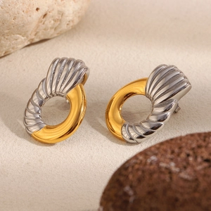 18K gold plated two-tone twisted hoop earrings with geometric textured metal design