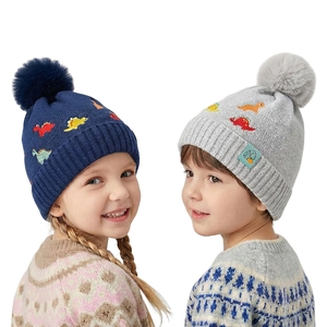 Bonnet Tricoté Pour Enfants Broderie Dinosaure Pompon Fausse Fourrure Doublé Polaire Hiver Chaud