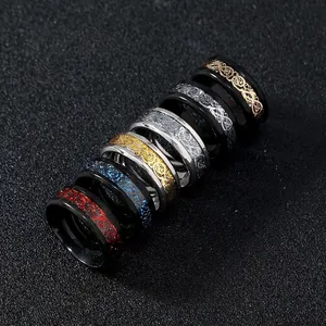 Celtic Dragon Stainless Steel Ring Men Vintage Punk Carbon Fiber Inlay Band Jewelry Cool Gift Masculine Fashion