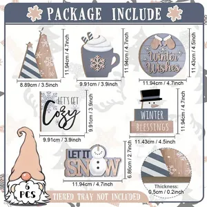 Size chart for 6-piece winter tiered tray set showing dimensions of wooden snowmen signs