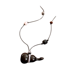Zen style gourd pendant necklace with wax rope, wood beads and small pearl detail