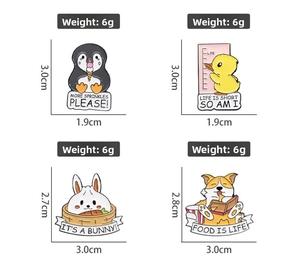 Detail showing cartoon animal enamel pins with sizes and weights of 6g for each style