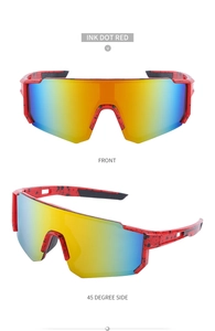 Close-up of red ink dot sports sunglasses frame and colorful reflective gradient lenses