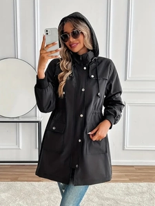 Women's elegant long black hooded windbreaker with drawstring waist and cargo pockets