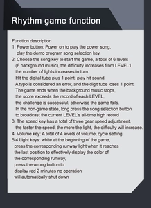 English function manual for rhythm game machine showing music modes and volume settings