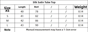Tableau des tailles pour bustier satiné avec mesures de longueur et de poitrine du XS au L