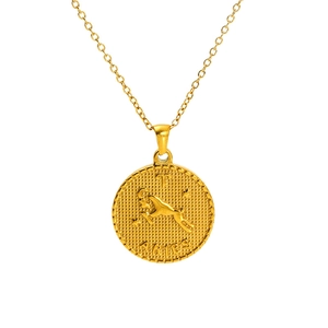 Minimalist gold Aries zodiac necklace with 3D embossed round pendant on O-chain