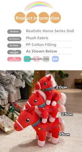 Detailed view of red plush pony dolls with traditional embroidery in three sizes