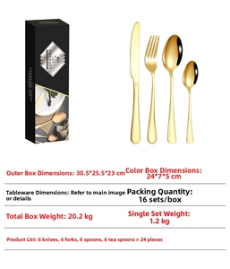 Detailed set of 24 pieces golden stainless steel cutlery with black gift box