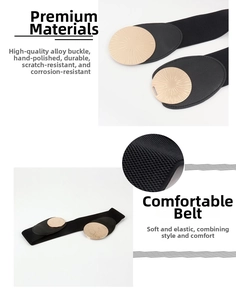Detail showing the golden round alloy buckle and black elastic fabric belt texture