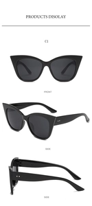 Three-way view of retro cat-eye sunglasses with black glossy frame and silver studs