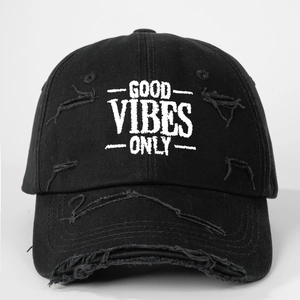 Distressed black baseball cap featuring white Good Vibes Only embroidery for outdoor style