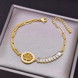 Gold double-layer tree of life pendant necklace with sparkling zircon crystals