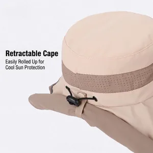 Khaki kids sun hat with wide brim, neck flap and breathable mesh for outdoor activities