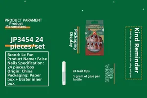 Detail display of Christmas press-on nail kit with 24 festive almond-shaped fake nails