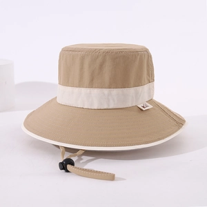 Kids wide brim bucket hat in khaki with adjustable windproof strap for sun protection