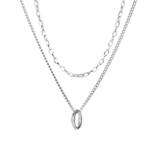 Double-layered hip-hop style silver necklace with oval links and round circle pendant