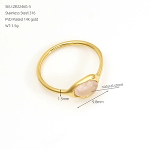 Détail d'une bague en acier inoxydable plaqué or 14K sertie d'une pierre rose naturelle