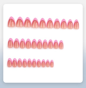 Detailed set of pink French tip almond press-on nails in various sizes on white display