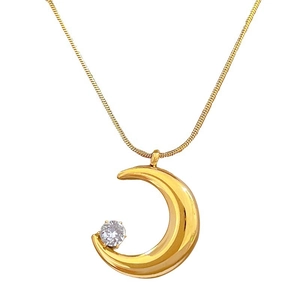 Minimalist gold moon necklace with zircon pendant and sleek snake chain for women