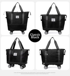 Detailed views of the black waterproof oxford travel bag with four universal swivel wheels