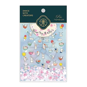 5D thin embossed bunny nail stickers with pink cherry blossom motifs for cute nail art