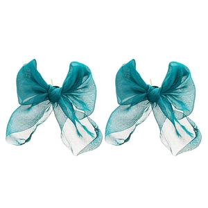 Elegant handmade lace bow earrings in peacock blue voile for a sweet minimalist look