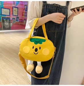 Cute yellow plush cartoon shoulder bag with 3D feet and embroidered smile for students