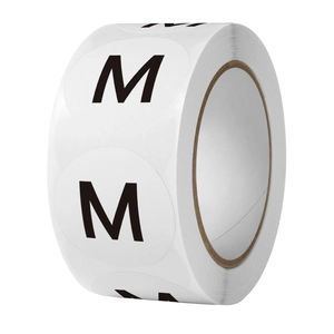 Roll of 1 inch white round clothing size stickers with bold black M Medium label labels