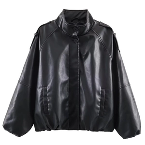 Women's black faux leather jacket with stand collar and puff sleeves on white background
