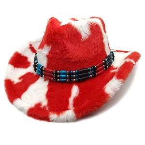 Western cow print cowboy hat with ethnic beads on white background, 45-degree angle