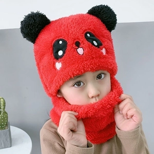 Kids warm panda plush earflap hat with scarf integration for winter protection