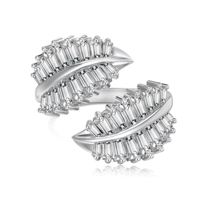 Elegant S925 sterling silver open ring featuring sparkling zircon inlaid twin leaf design