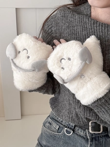 Close-up of white plush flap gloves with grey long-eared dog cartoon embroidery