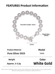 Detail of S925 silver bracelet with 10mm white pearls and clover pendant dimensions