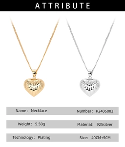 Detailed spec sheet showing gold and silver 925 sterling silver heart necklaces with sizes