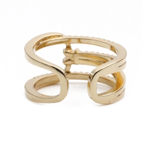 Adjustable double-layered gold open ring with sparkling zircon pavé for women
