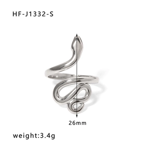 Detail view of silver snake-shaped open ring showing 26mm height and 3.4g weight
