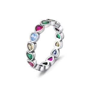 S925 sterling silver ring with colorful heart-shaped gemstones on a white background