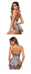 Dettaglio del set denim azzurro con pantaloncini stringati e top a fascia vista posteriore