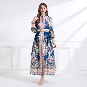 Retro floral long dress with high collar and lantern sleeves in deep blue print