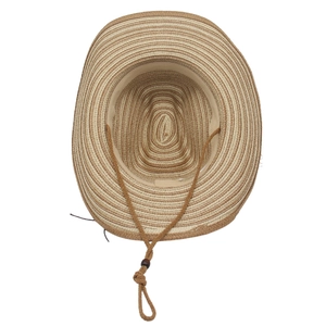 Detail of straw cowboy hat interior showing adjustable wind cord and woven texture