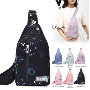 Detail view of graffiti print crossbody chest bags in six colors with adjustable straps