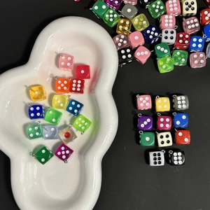 Colorful resin dice charms with metal loops for DIY jewelry and bag accessories