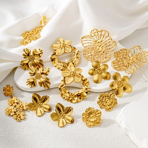 Detailed close-up of textured golden flower earrings with hammered finish and gold plating