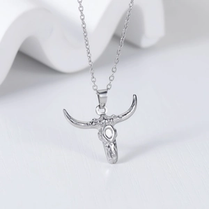 Tribal bull skull pendant necklace in silver stainless steel with detailed carvings