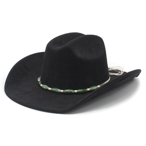 Classic black suede western cowboy hat with wide brim and green beaded ethnic style band